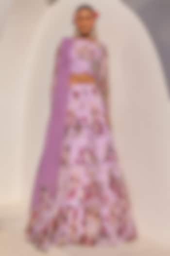 Lilac Net Floral Printed Wedding Lehenga Set by Anu Pellakuru at Pernia's Pop Up Shop