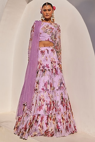 Lilac Net Floral Printed Lehenga Set by Anu Pellakuru
