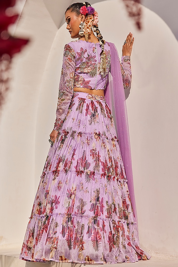 Lilac Net Floral Printed Wedding Lehenga Set by Anu Pellakuru at Pernia's Pop Up Shop