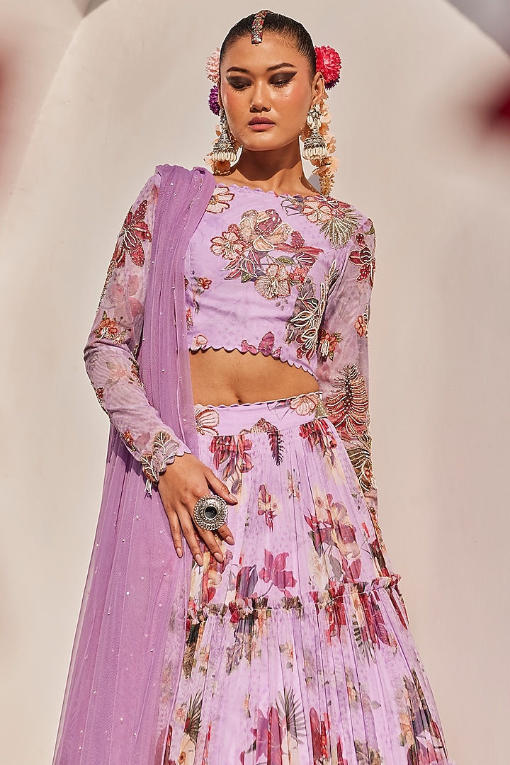 Lilac Net Floral Printed Wedding Lehenga Set by Anu Pellakuru at Pernia's Pop Up Shop