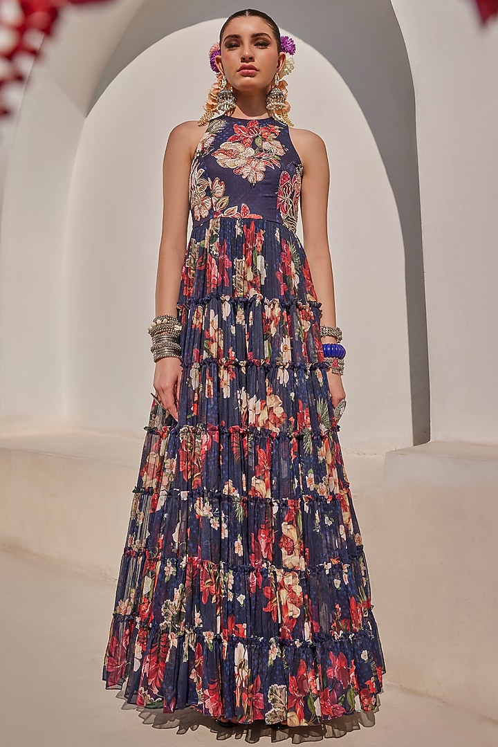 Midnight Blue Chiffon Floral Printed Tiered Engagement Gown by Anu Pellakuru at Pernia's Pop Up Shop