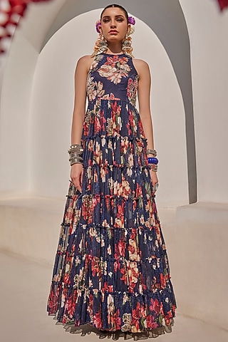 Midnight Blue Chiffon Floral Printed Tiered Gown by Anu Pellakuru