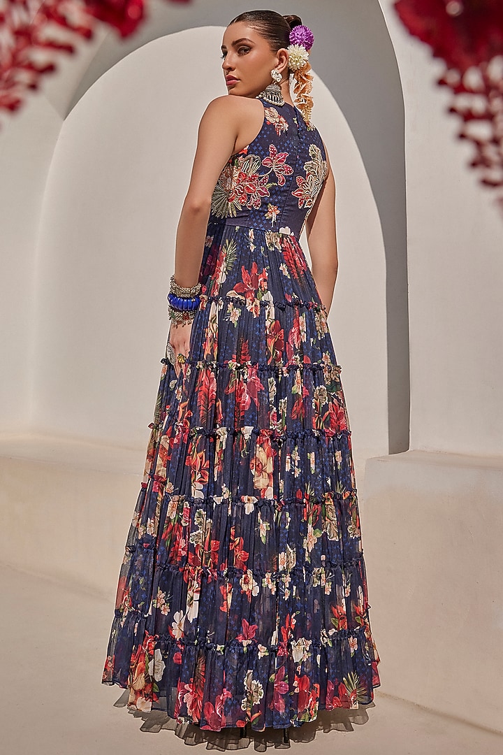 Midnight Blue Chiffon Floral Printed Tiered Engagement Gown by Anu Pellakuru at Pernia's Pop Up Shop