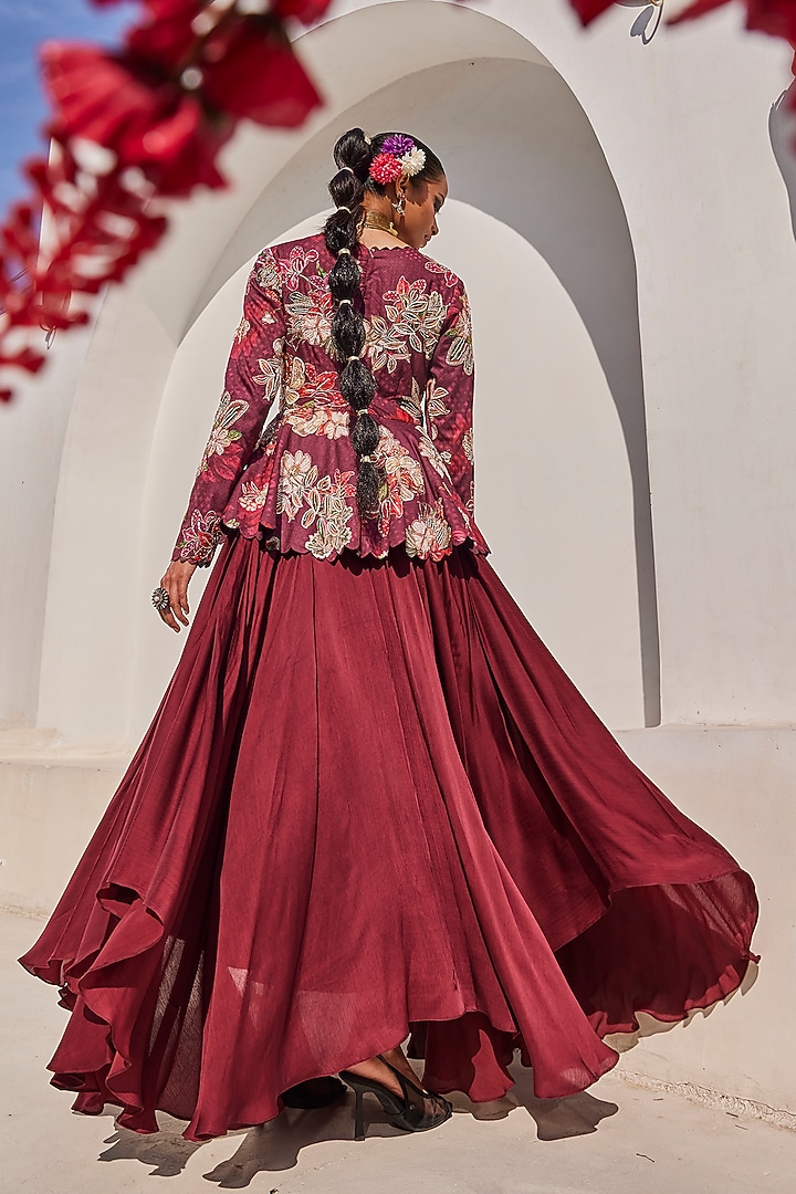 Royal Wine Satin & Chiffon Peplum Engagement Gown by Anu Pellakuru at Pernia's Pop Up Shop