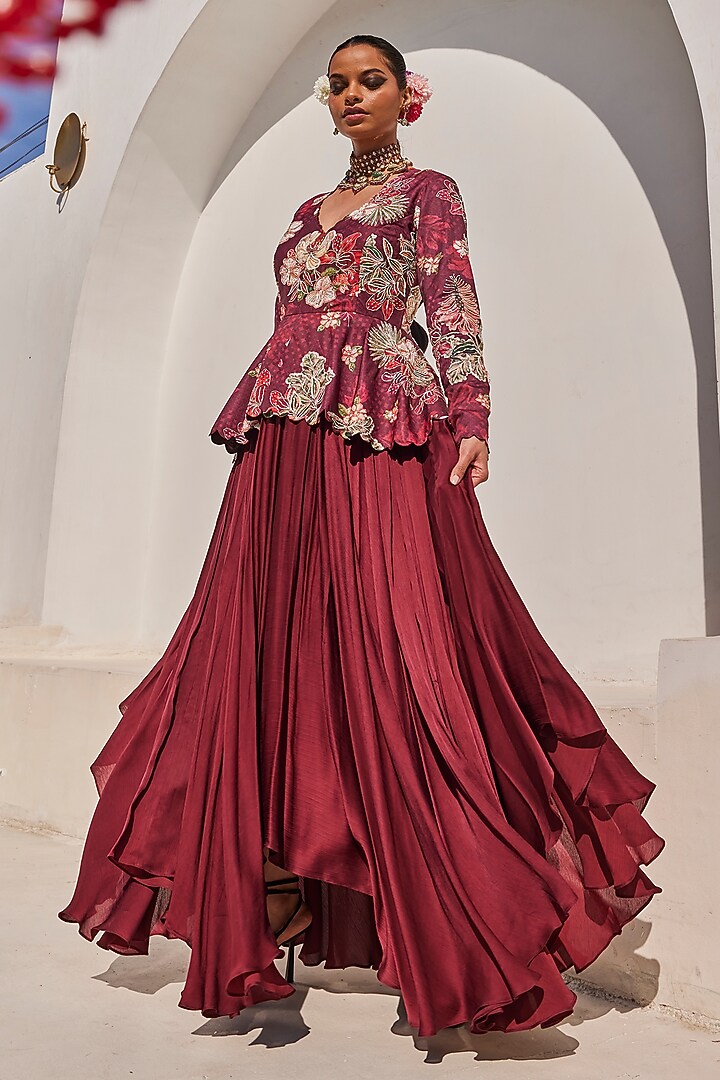 Royal Wine Satin & Chiffon Peplum Engagement Gown by Anu Pellakuru at Pernia's Pop Up Shop