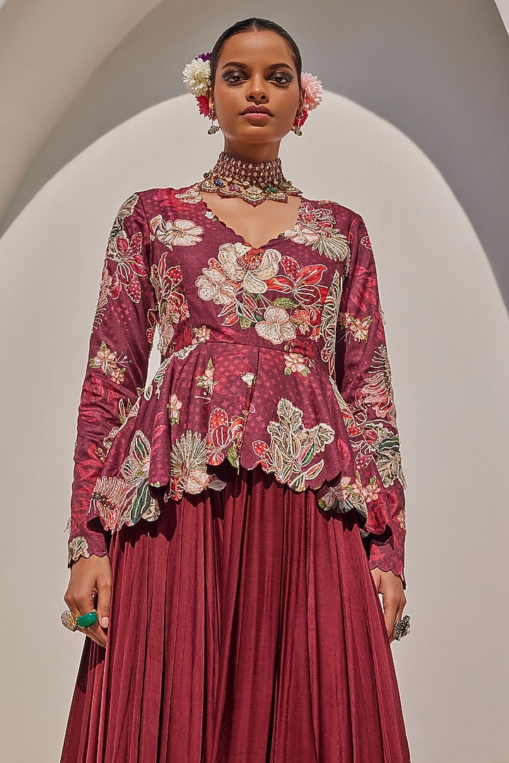 Royal Wine Satin & Chiffon Peplum Engagement Gown by Anu Pellakuru at Pernia's Pop Up Shop