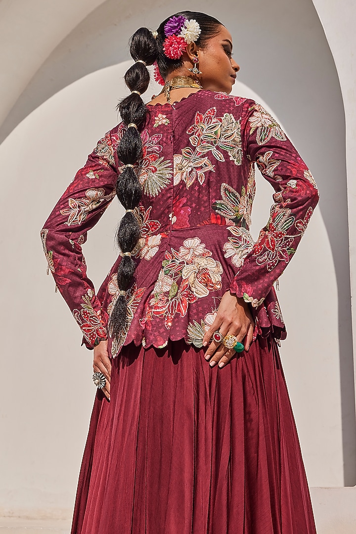 Royal Wine Satin & Chiffon Peplum Engagement Gown by Anu Pellakuru at Pernia's Pop Up Shop