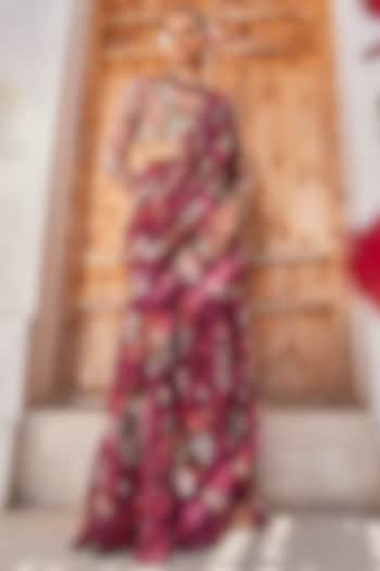 Wine Raw Silk Floral Printed Pre-Draped Wedding Saree Set by Anu Pellakuru at Pernia's Pop Up Shop