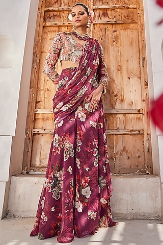 Wine Raw Silk Floral Printed Pre-Draped Saree Set by Anu Pellakuru