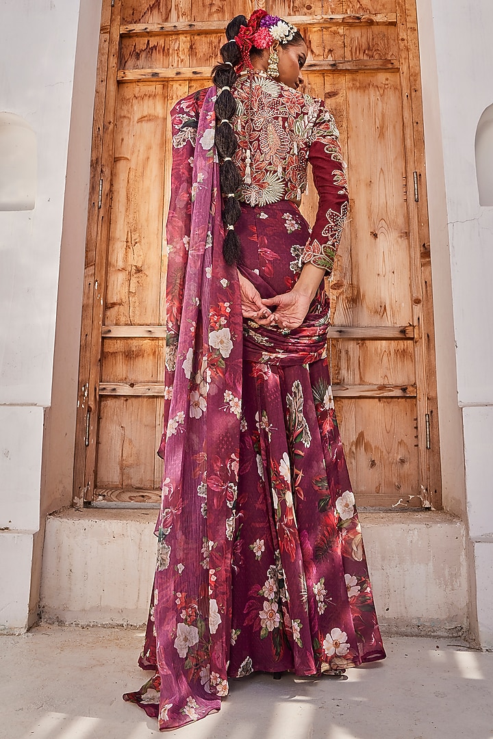 Wine Raw Silk Floral Printed Pre-Draped Wedding Saree Set by Anu Pellakuru at Pernia's Pop Up Shop