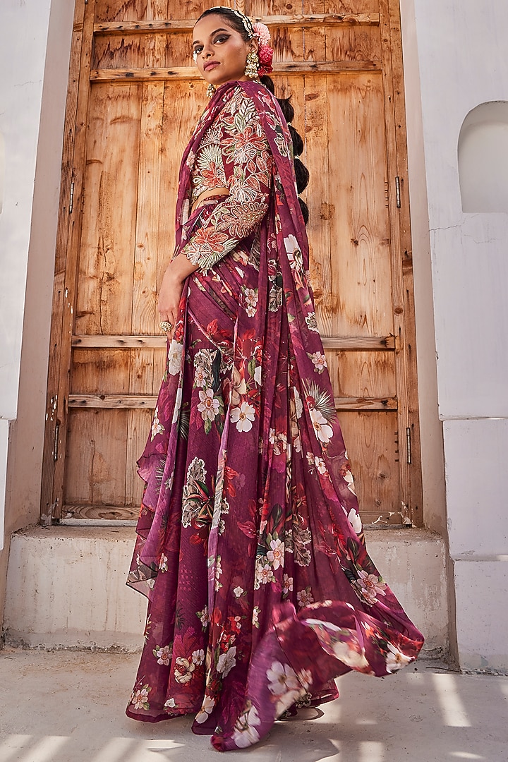 Wine Raw Silk Floral Printed Pre-Draped Wedding Saree Set by Anu Pellakuru at Pernia's Pop Up Shop