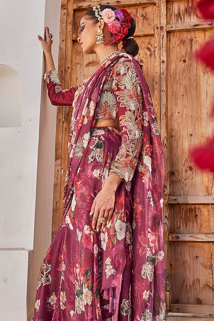 Wine Raw Silk Floral Printed Pre-Draped Wedding Saree Set by Anu Pellakuru at Pernia's Pop Up Shop
