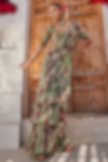 Sage Green Raw Silk Floral Printed Pre-Draped Wedding Saree Set by Anu Pellakuru at Pernia's Pop Up Shop