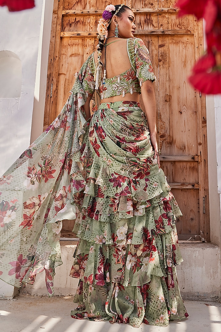 Sage Green Raw Silk Floral Printed Pre-Draped Wedding Saree Set by Anu Pellakuru at Pernia's Pop Up Shop