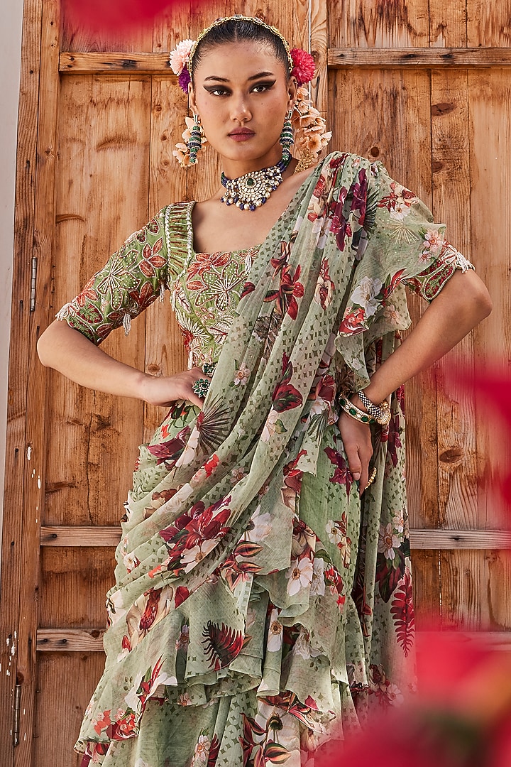 Sage Green Raw Silk Floral Printed Pre-Draped Wedding Saree Set by Anu Pellakuru at Pernia's Pop Up Shop