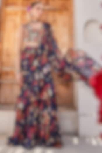 Navy Blue Raw Silk Floral Printed Tiered Pre-Draped Wedding Saree Set by Anu Pellakuru at Pernia's Pop Up Shop