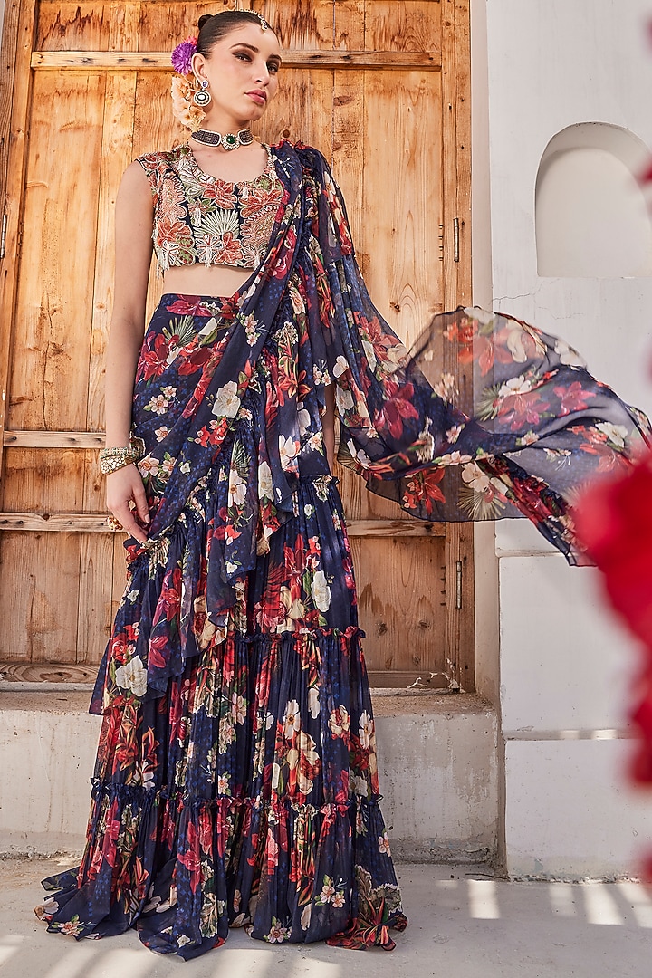 Navy Blue Raw Silk Floral Printed Tiered Pre-Draped Wedding Saree Set by Anu Pellakuru at Pernia's Pop Up Shop