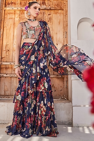 Navy Blue Raw Silk Floral Printed Tiered Pre-Draped Saree Set by Anu Pellakuru