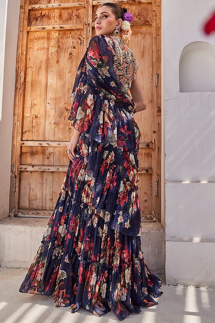 Navy Blue Raw Silk Floral Printed Tiered Pre-Draped Wedding Saree Set by Anu Pellakuru at Pernia's Pop Up Shop