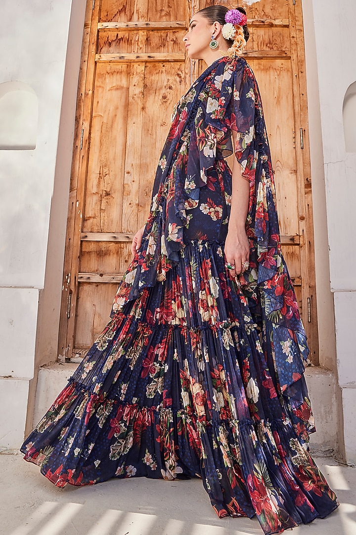 Navy Blue Raw Silk Floral Printed Tiered Pre-Draped Wedding Saree Set by Anu Pellakuru at Pernia's Pop Up Shop