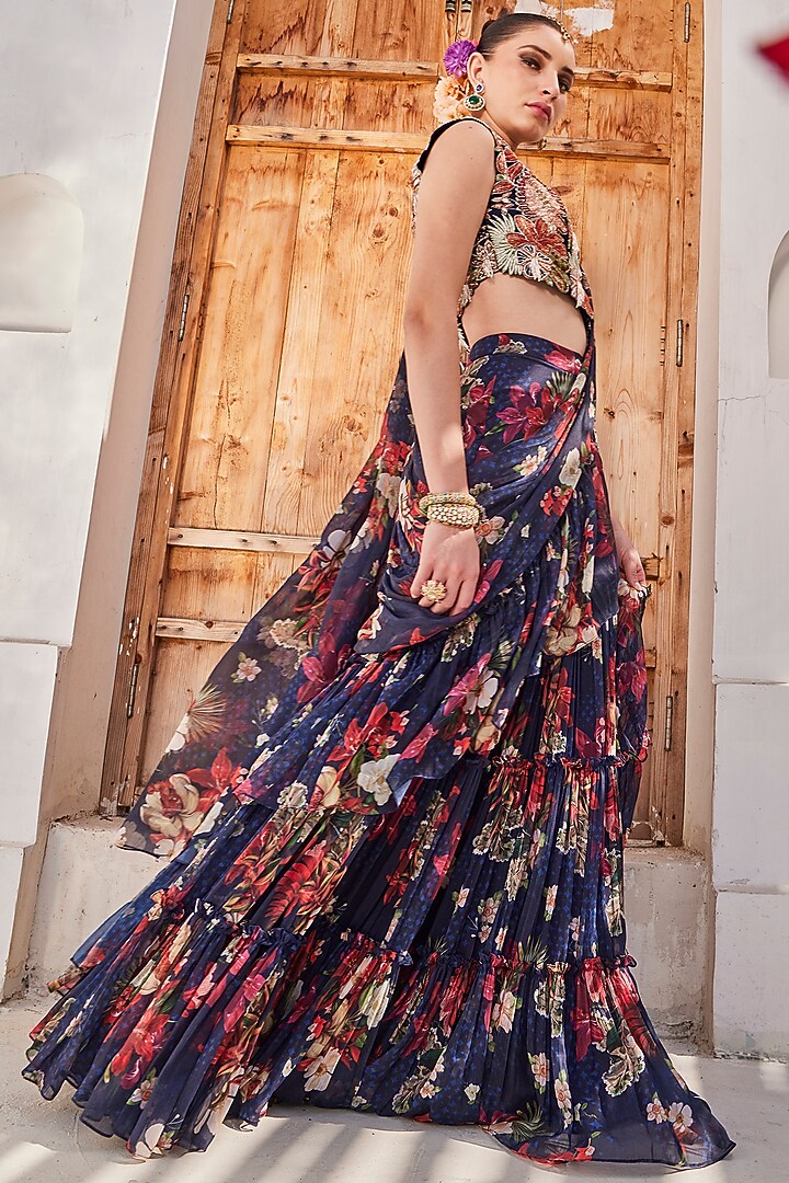 Navy Blue Raw Silk Floral Printed Tiered Pre-Draped Wedding Saree Set by Anu Pellakuru at Pernia's Pop Up Shop