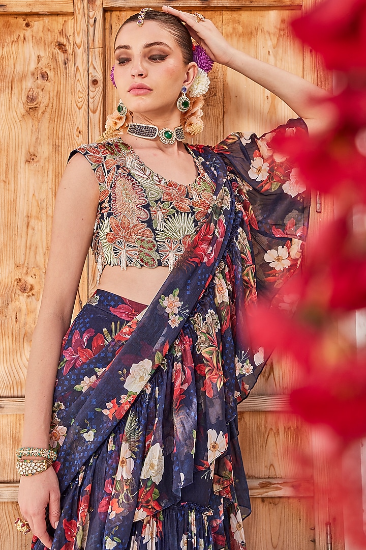 Navy Blue Raw Silk Floral Printed Tiered Pre-Draped Wedding Saree Set by Anu Pellakuru at Pernia's Pop Up Shop