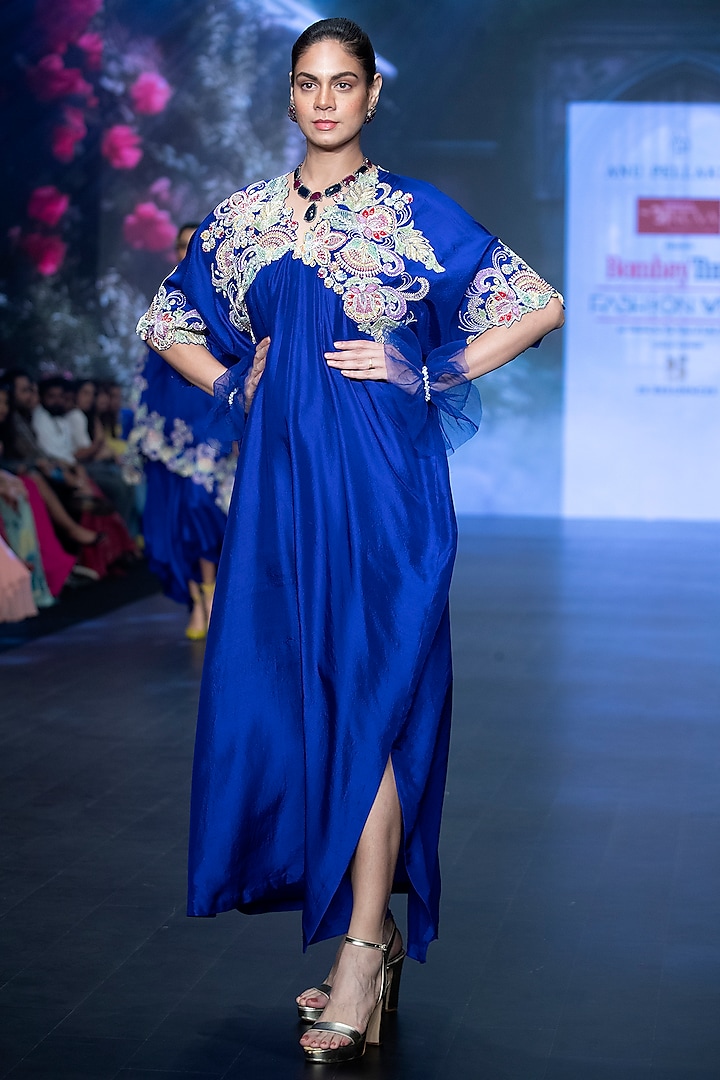 Royal Blue Pure Silk Floral Hand Embroidered Kaftan by Anu Pellakuru at Pernia's Pop Up Shop