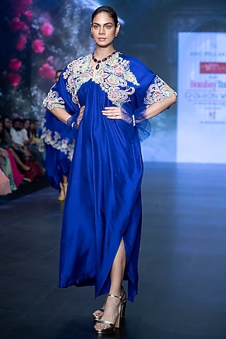 Royal Blue Pure Silk Floral Hand Embroidered Kaftan by Anu Pellakuru