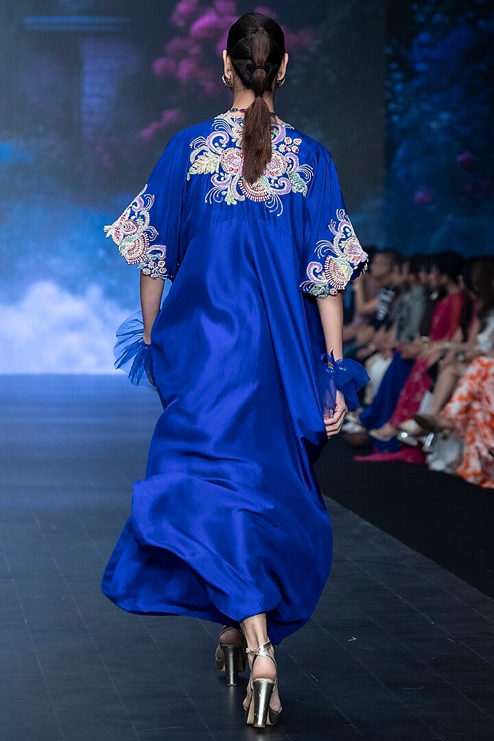 Royal Blue Pure Silk Floral Hand Embroidered Kaftan by Anu Pellakuru at Pernia's Pop Up Shop
