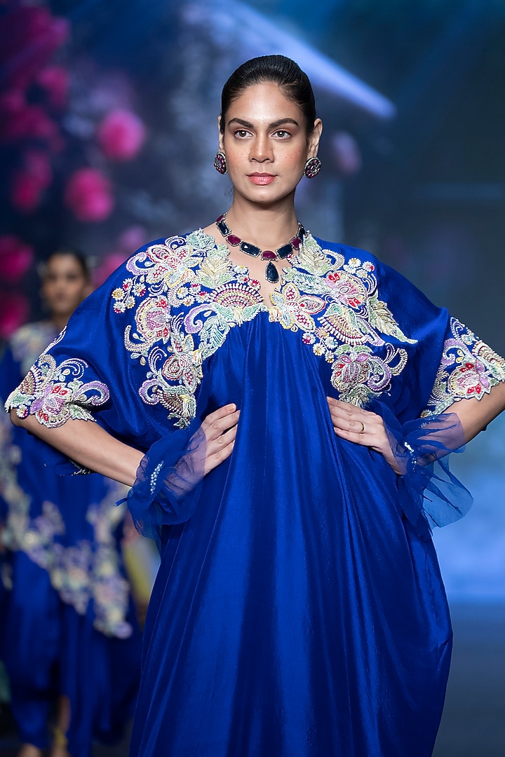 Royal Blue Pure Silk Floral Hand Embroidered Kaftan by Anu Pellakuru at Pernia's Pop Up Shop