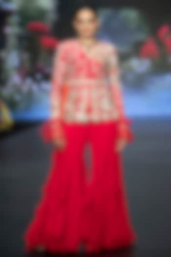 Bright Red Raw Silk Floral Hand Embroidered Jacket Set by Anu Pellakuru at Pernia's Pop Up Shop