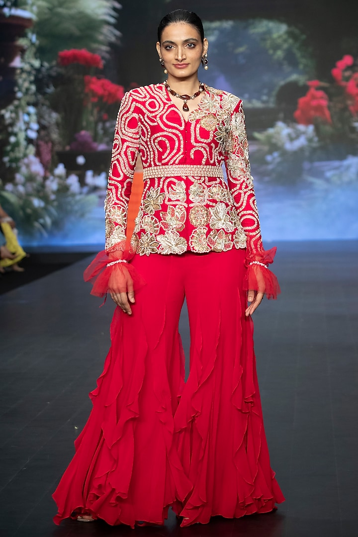 Bright Red Raw Silk Floral Hand Embroidered Jacket Set by Anu Pellakuru at Pernia's Pop Up Shop