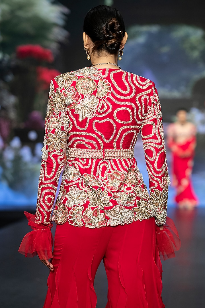 Bright Red Raw Silk Floral Hand Embroidered Jacket Set by Anu Pellakuru at Pernia's Pop Up Shop