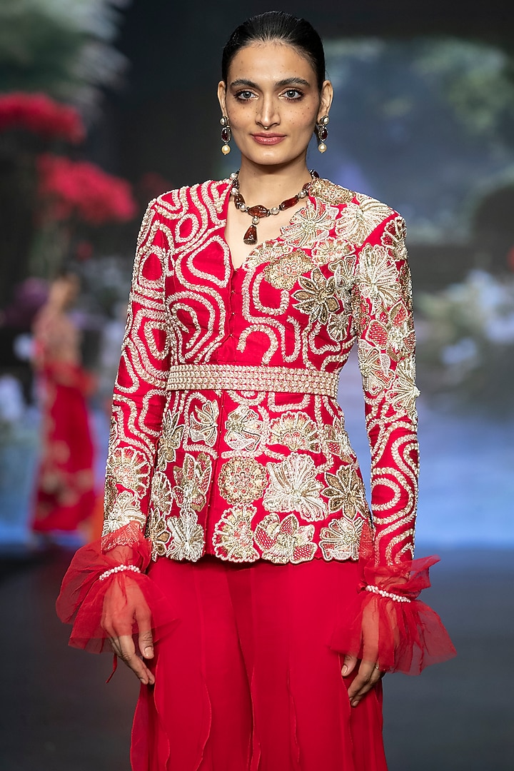 Bright Red Raw Silk Floral Hand Embroidered Jacket Set by Anu Pellakuru at Pernia's Pop Up Shop