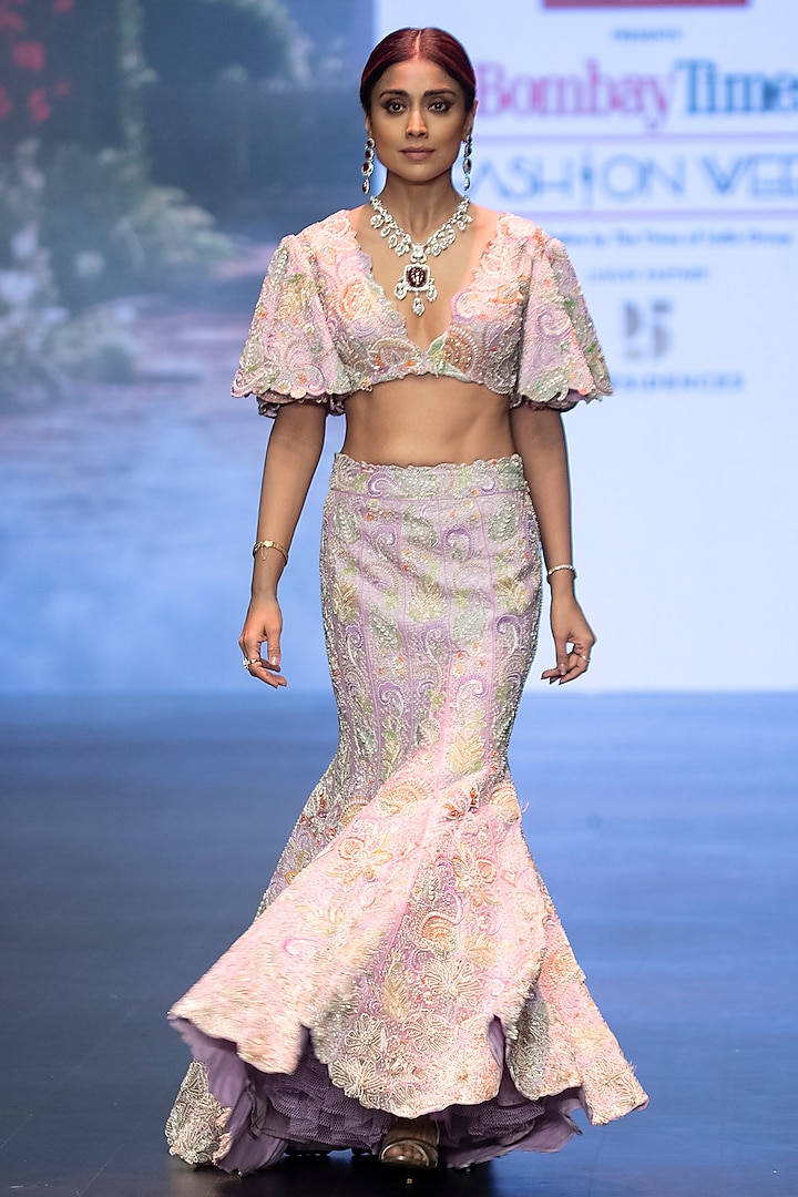 Lavender Raw Silk Floral Hand Embroidered Mermaid Bridal Lehenga Set by Anu Pellakuru at Pernia's Pop Up Shop