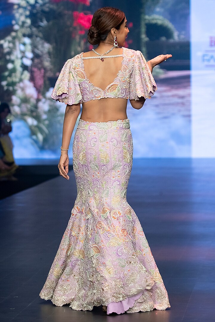 Lavender Raw Silk Floral Hand Embroidered Mermaid Bridal Lehenga Set by Anu Pellakuru at Pernia's Pop Up Shop