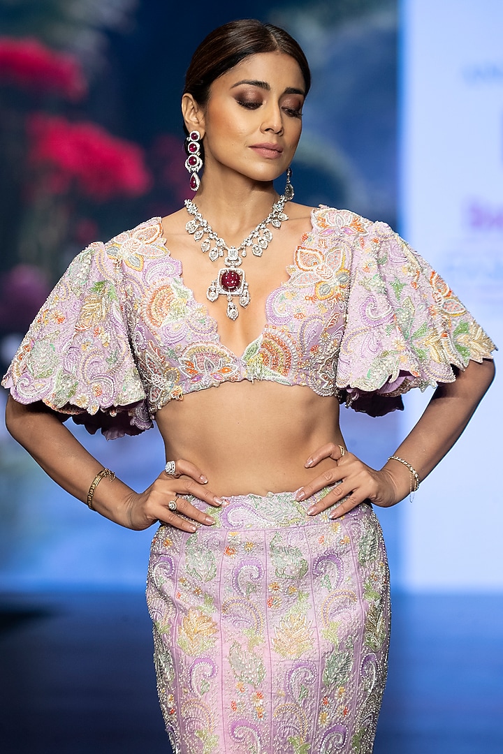 Lavender Raw Silk Floral Hand Embroidered Mermaid Bridal Lehenga Set by Anu Pellakuru at Pernia's Pop Up Shop