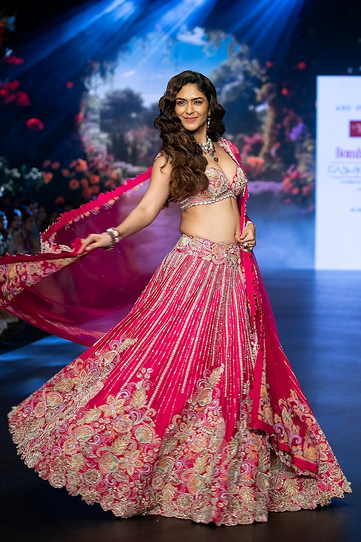 Hot Pink Raw Silk Floral Hand Embroidered Bridal Lehenga Set by Anu Pellakuru at Pernia's Pop Up Shop