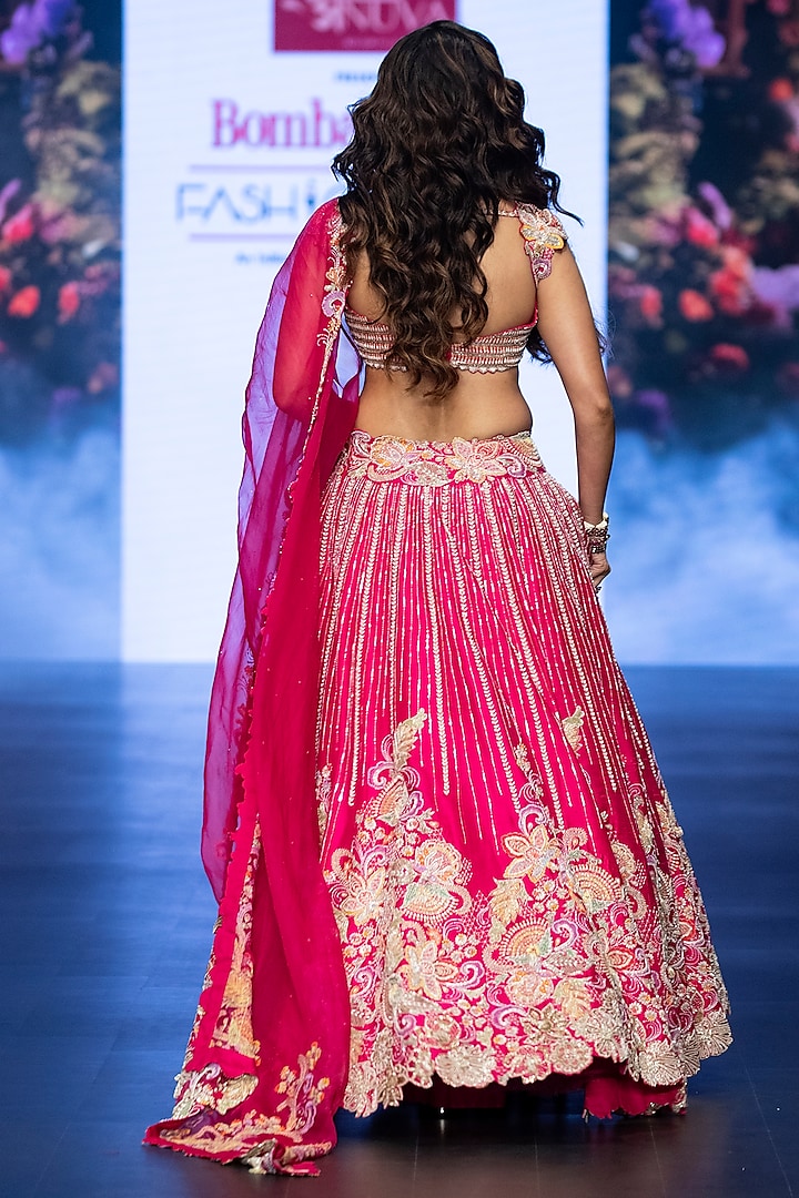 Hot Pink Raw Silk Floral Hand Embroidered Bridal Lehenga Set by Anu Pellakuru at Pernia's Pop Up Shop