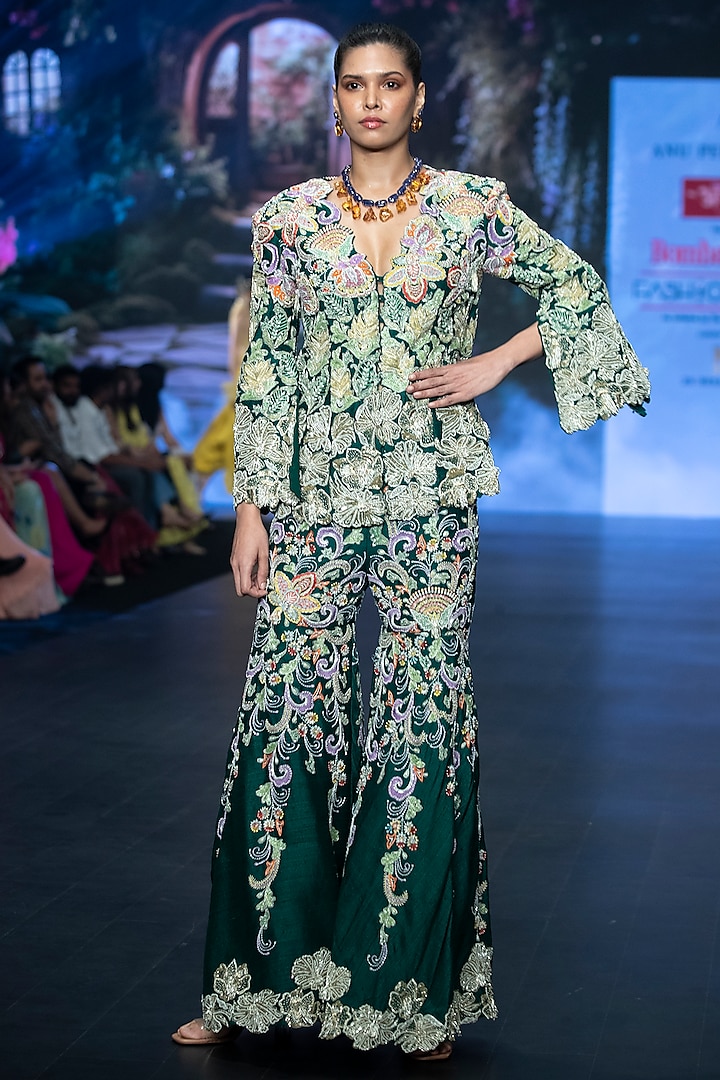 Emerald Green Raw Silk Floral Hand Embroidered Sharara Set by Anu Pellakuru at Pernia's Pop Up Shop