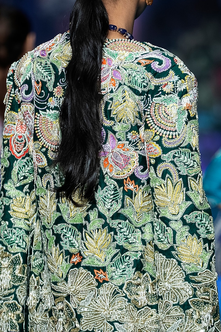 Emerald Green Raw Silk Floral Hand Embroidered Bridal Sharara Set by Anu Pellakuru at Pernia's Pop Up Shop