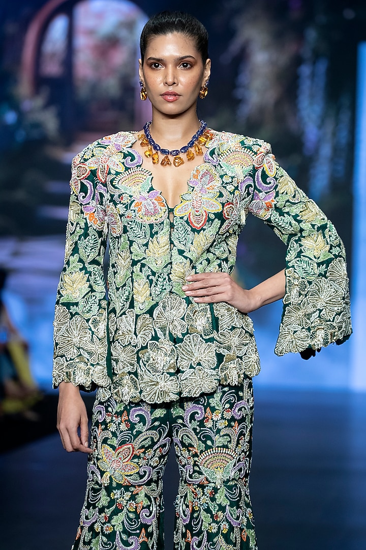 Emerald Green Raw Silk Floral Hand Embroidered Bridal Sharara Set by Anu Pellakuru at Pernia's Pop Up Shop