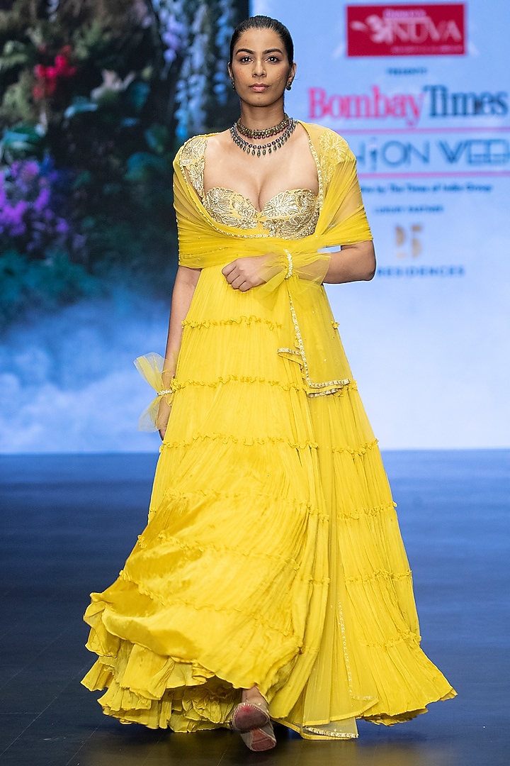 Bright Yellow Raw Silk Floral Hand Embroidered Tiered Wedding Anarkali Set by Anu Pellakuru at Pernia's Pop Up Shop