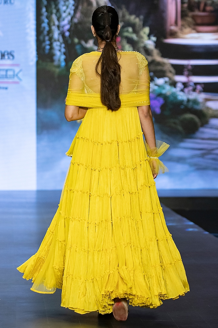 Bright Yellow Raw Silk Floral Hand Embroidered Tiered Wedding Anarkali Set by Anu Pellakuru at Pernia's Pop Up Shop