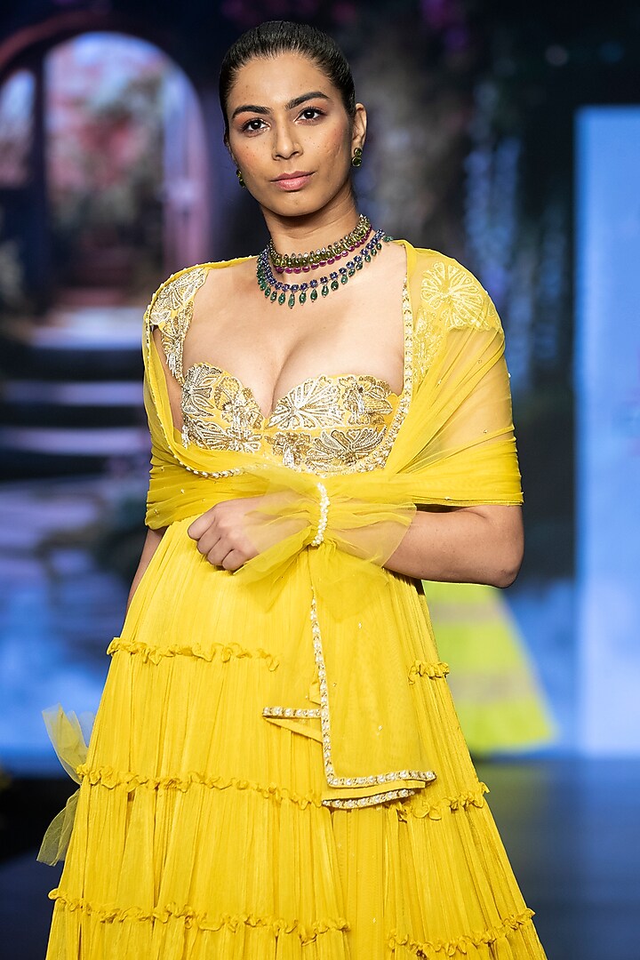 Bright Yellow Raw Silk Floral Hand Embroidered Tiered Wedding Anarkali Set by Anu Pellakuru at Pernia's Pop Up Shop