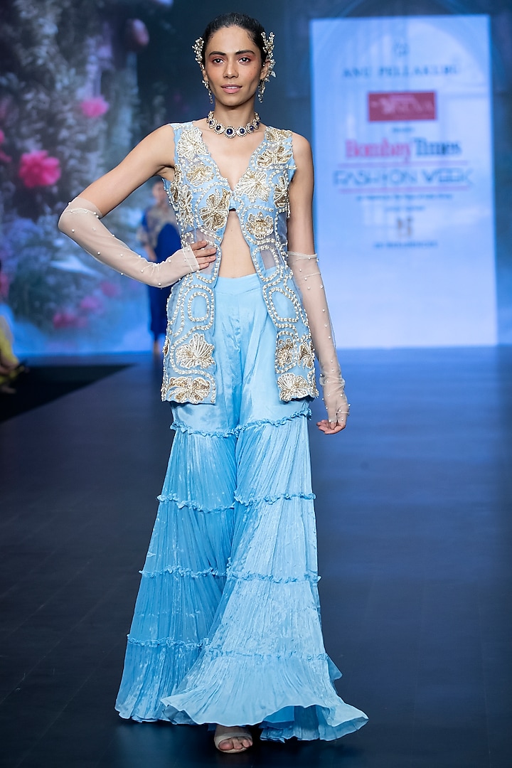 Powder Blue Raw Silk Tiered Sharara Set by Anu Pellakuru at Pernia's Pop Up Shop