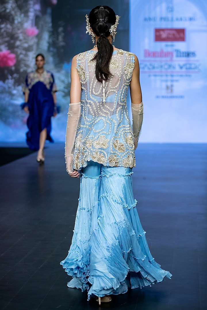 Powder Blue Raw Silk Tiered Wedding Sharara Set by Anu Pellakuru at Pernia's Pop Up Shop