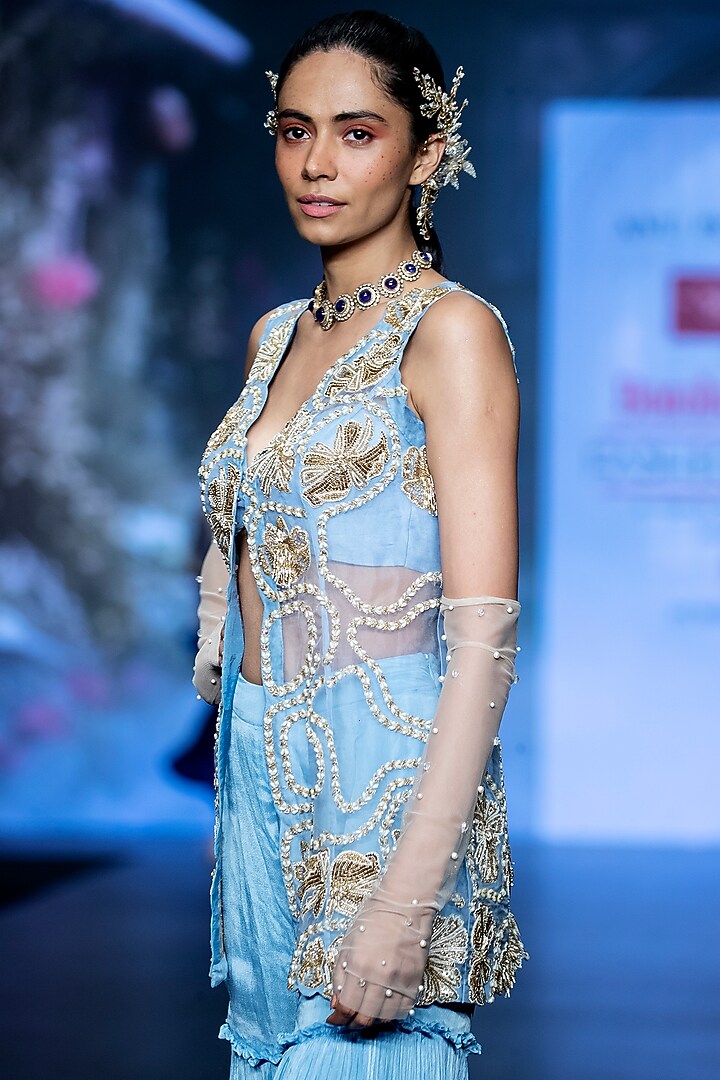 Powder Blue Raw Silk Tiered Wedding Sharara Set by Anu Pellakuru at Pernia's Pop Up Shop