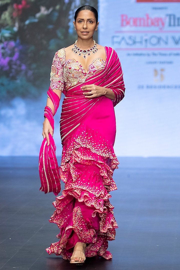 Hot Pink Raw Silk & Satin Chiffon Hand Embroidered Ruffled Pre-Draped Saree Set by Anu Pellakuru at Pernia's Pop Up Shop