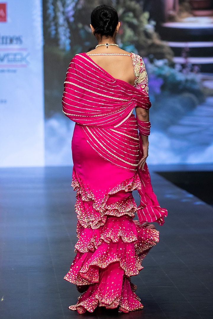 Hot Pink Raw Silk & Satin Chiffon Hand Embroidered Ruffled Pre-Draped Bridal Saree Set by Anu Pellakuru at Pernia's Pop Up Shop